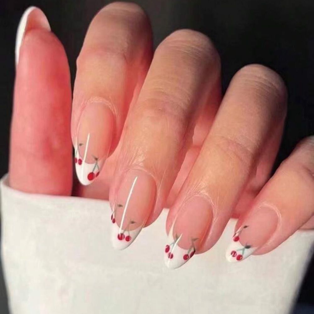 Whimsy Kawaii Cottagecore 24 Piece Cherry French Tip Almond Shape Nails - Picture 1 of 11